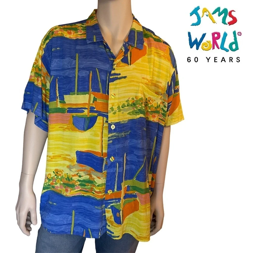 Jams World 100% Rayon Hawaiian Shirt Top Casual Tiki  Full Button Front Colorful - Picture 15 of 16